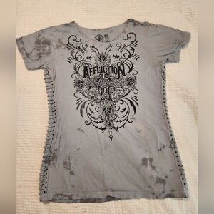 Affliction Women's Gray Cotton Logo TShirt New Side Braid 2X Grunge Western Moto